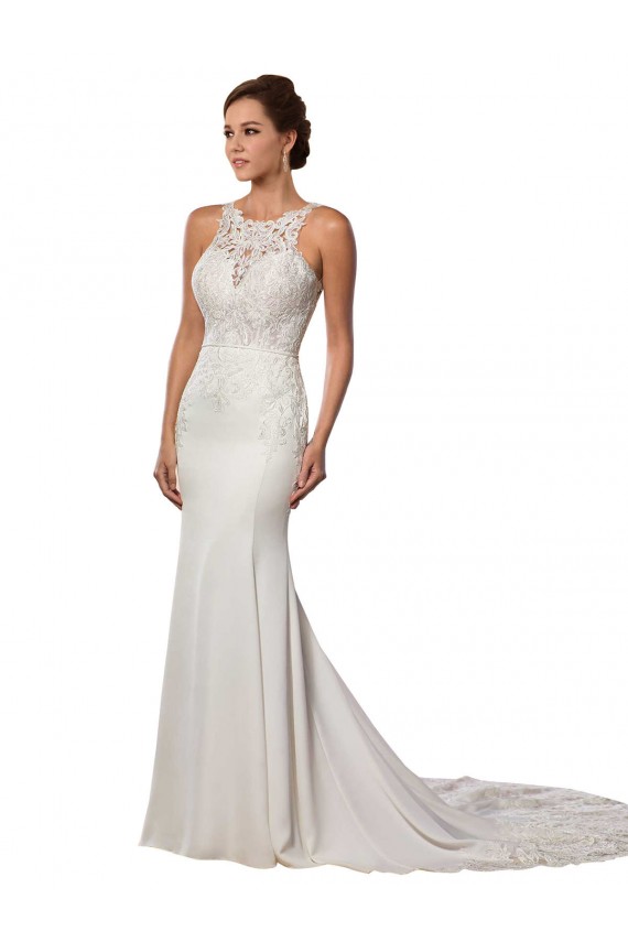 Lace V-Back Chapel Train High Neck Sheath Modern Wedding Dress Armadale