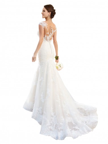 Lace Cap Sleeves Illusion Neck White Mermaid Wedding Dress Armadale