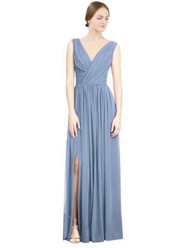 Soft Chiffon Long V-Neck Dusty Blue A-Line Semi Formal Evening Dress / Bridesmaid Dress Armadale