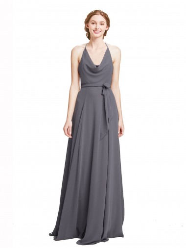 Soft Chiffon Long Spaghetti Straps Slate Grey A-Line Bridesmaid Dress Armadale