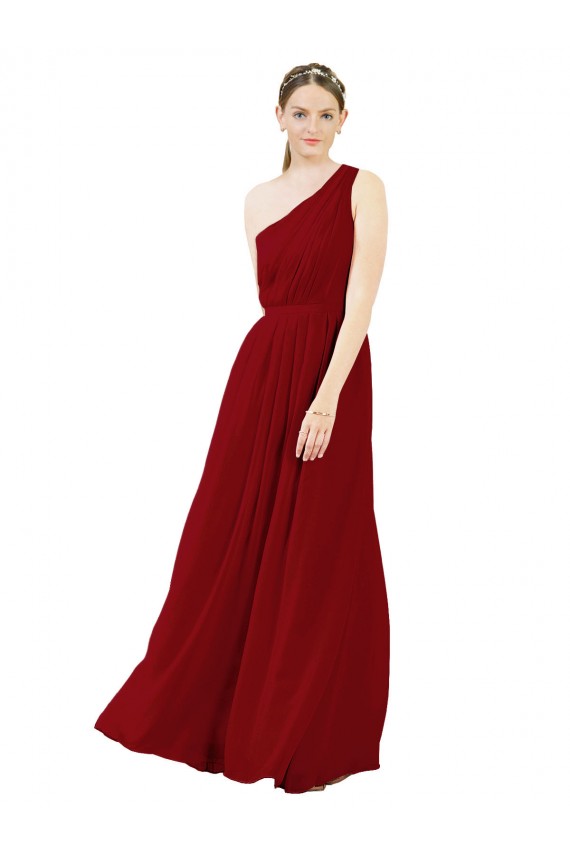 Chiffon Long One Shoulder Burgundy A-Line Bridal Party Dress / Evening Dress Armadale