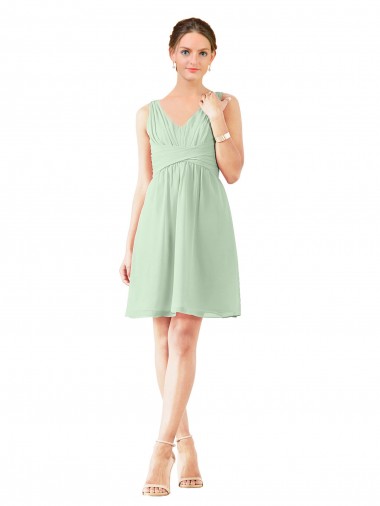 Soft Chiffon Knee Length V-Neck Sage A-Line Bridesmaid Dress Armadale