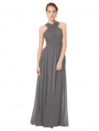 Soft Chiffon Keyhole Back Long Halter Neck Stormy Silver A-Line Bridesmaid Dress Armadale