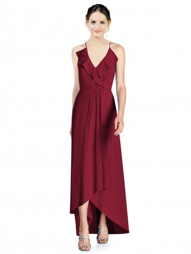 Soft Chiffon Open Back Long Spaghetti Straps Burgundy A-Line High Low Bridesmaid Dress Armadale