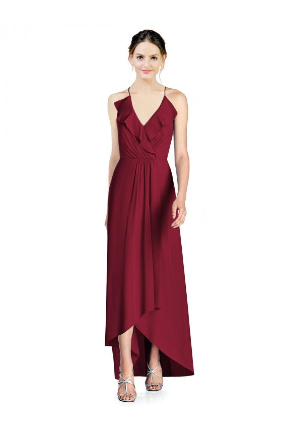 Soft Chiffon Open Back Long Spaghetti Straps Burgundy A-Line High Low Bridesmaid Dress Armadale