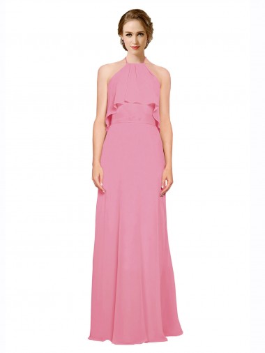 Soft Chiffon Low Back Long Halter Neck Skin Pink A-Line Bridesmaid Dress Armadale