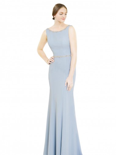 Soft Chiffon Low Back Long Boat Neck Light Sky Blue A-Line Bridesmaid Dress Armadale