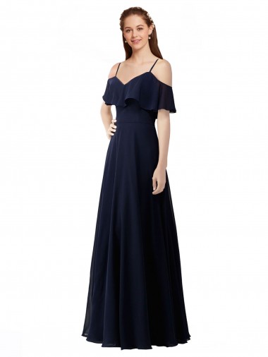 Soft Chiffon Long Off the Shoulder Dark Navy A-Line Bridesmaid Dress Armadale