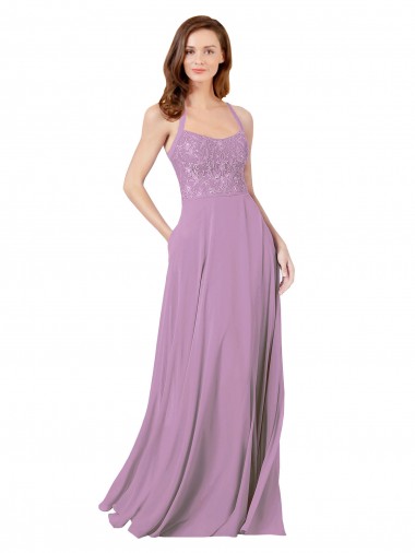 Soft Chiffon & Lace Long Spaghetti Straps Dark Lavender A-Line Bridesmaid Dress Armadale