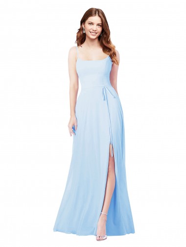 Soft Chiffon Long Spaghetti Straps Light Sky Blue Sheath Bridesmaid Dress Armadale