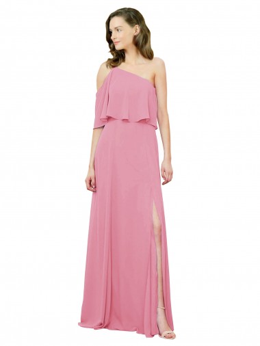 Soft Chiffon Long One Shoulder Skin Pink A-Line Bridal Party Dress Armadale