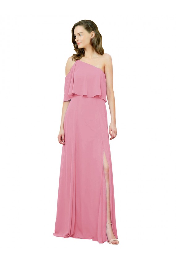 Soft Chiffon Long One Shoulder Skin Pink A-Line Bridal Party Dress Armadale