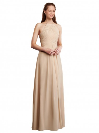 Soft Chiffon Low Back Long Halter Neck Champagne A-Line Bridesmaid Dress Armadale