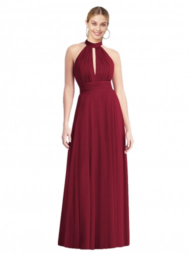 Soft Chiffon Open Back Long Halter Neck Burgundy A-Line Semi Formal Evening Dress / Bridesmaid Dress Armadale