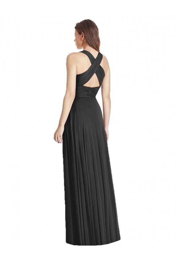 Soft Chiffon Criss Cross Back Long V-Neck Black A-Line Bridesmaid Dress Armadale