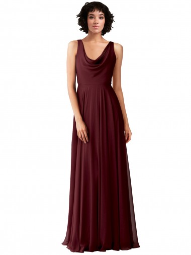 Soft Chiffon V-Back Long Cowl Neck Burgundy Gold A-Line Bridesmaid Dress Armadale