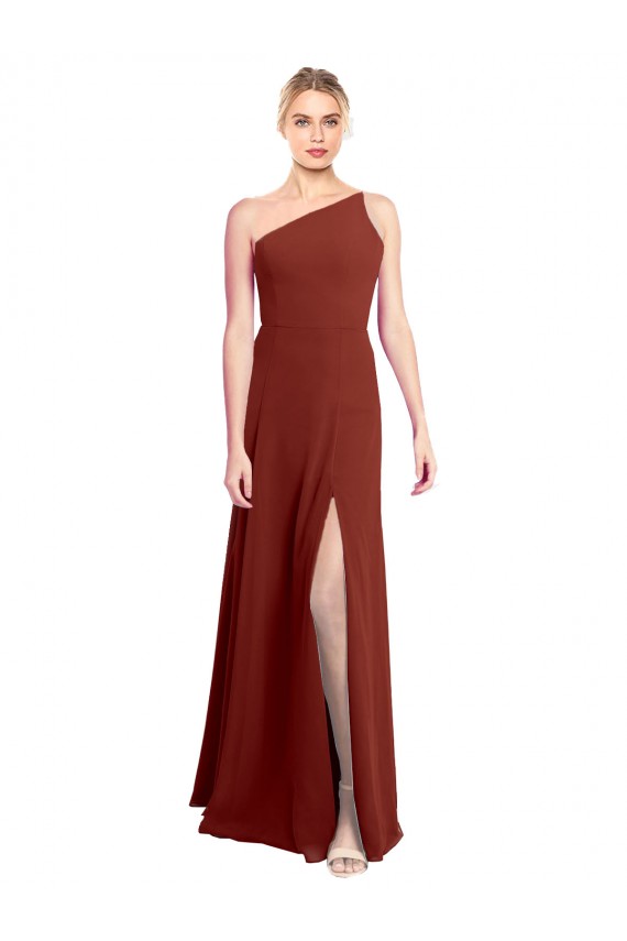 Soft Chiffon Long One Shoulder Burgundy A-Line Formal Dress / Bridesmaid Dress Armadale