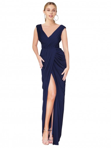 Soft Chiffon V-Back Long V-Neck Dark Navy Mermaid Formal Evening Gown / Prom Dress / Bridesmaid Dress Armadale