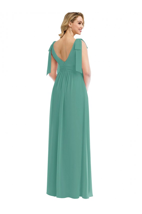 Soft Chiffon V-Back Long V-Neck Icelandic Silver A-Line Semi Formal Evening Dress / Bridesmaid Dress Armadale