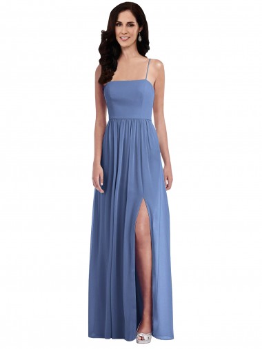 Soft Chiffon Low Back Long Spaghetti Straps Windsor Blue A-Line Semi Formal Evening Dress / Bridesmaid Dress Armadale