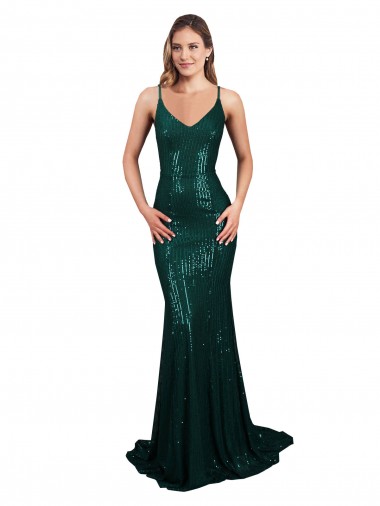 Sequin Low Back Long V-Neck Dark Green Mermaid Formal Evening Gown / Prom Dress / Bridesmaid Dress Armadale