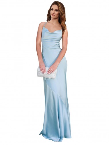 Silk like Satin Criss Cross Open Back Long Cowl Neck Light Sky Blue Sheath Formal Evening Gown / Prom Dress / Bridesmaid Dress Armadale