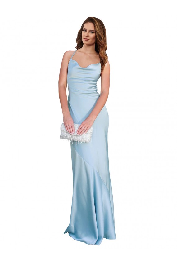 Silk like Satin Criss Cross Open Back Long Cowl Neck Light Sky Blue Sheath Formal Evening Gown / Prom Dress / Bridesmaid Dress Armadale