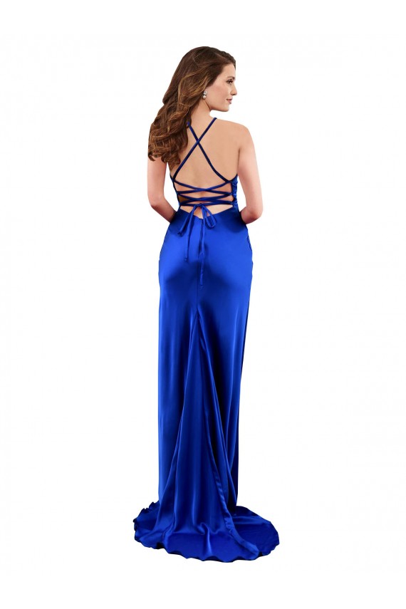 Silk like Satin Criss Cross Open Back Long Cowl Neck Royal Blue Sheath Formal Evening Gown / Prom Dress / Bridesmaid Dress Armadale