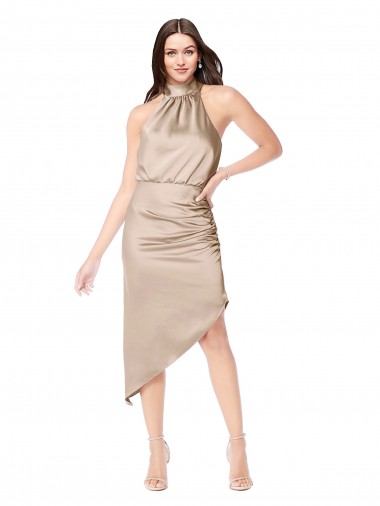 Silk like Satin Midi Length Halter Neck A-Line High Low Prom Dress / Bridesmaid Dress Armadale