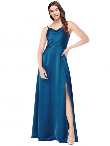 Silk like Satin Low Back Long Spaghetti Straps Peacock Blue A-Line Formal Evening Gown / Prom Dress / Bridesmaid Dress Armadale