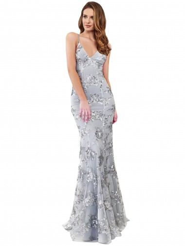 Stretch Crepe & Sequin Tulle Backless Long V-Neck Silver Mermaid Formal Evening Gown / Prom Dress / Bridesmaid Dress Armadale