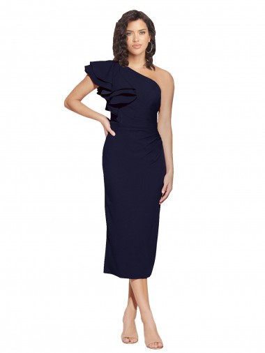 Stretch Crepe Midi Length One Shoulder Dark Navy Sheath Formal Evening Gown / Prom Dress / Bridesmaid Dress Armadale