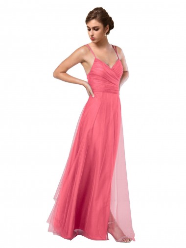 Tulle V-Back Long Spaghetti Straps Watermelon A-Line Bridesmaid Dress Armadale