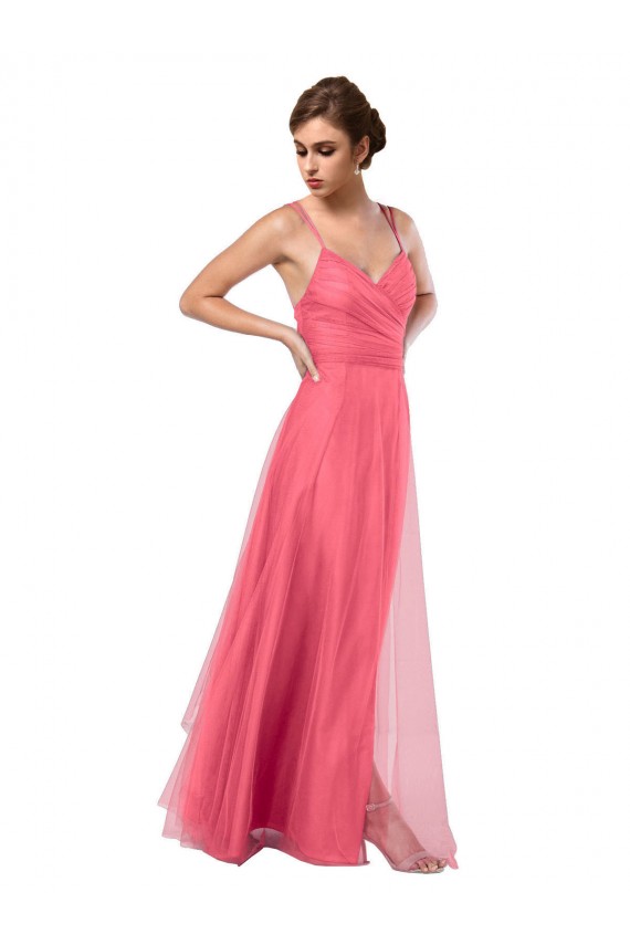 Tulle V-Back Long Spaghetti Straps Watermelon A-Line Bridesmaid Dress Armadale