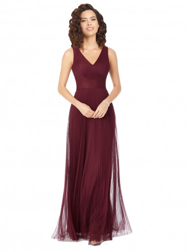 Tulle Long V-Neck Burgundy Gold A-Line Bridesmaid Dress Armadale