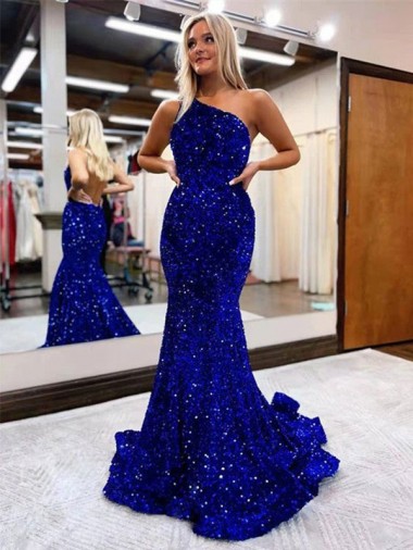 Velvet Sequin Sweep Train One Shoulder Mermaid Prom Dress Armadale