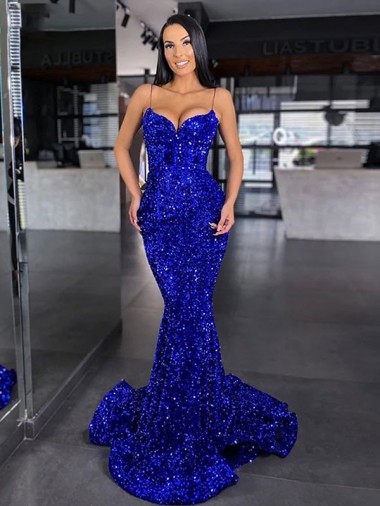 Velvet Sequin Sweep Train Spaghetti Straps Mermaid Evening Gown / Prom Dress Armadale