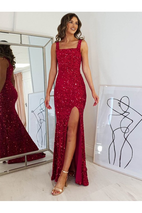 Velvet Sequin Long Square Neck Sheath Prom Dress Armadale