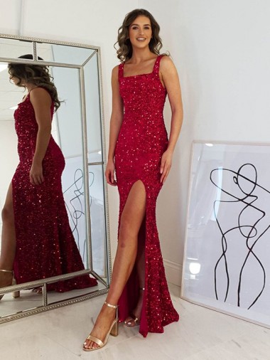 Velvet Sequin Long Square Neck Sheath Prom Dress Armadale