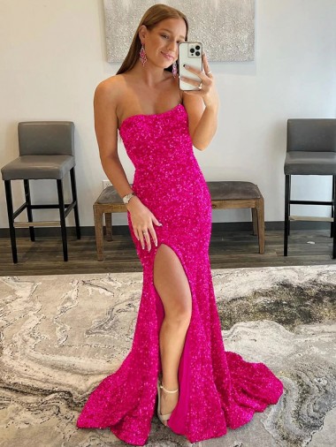 Velvet Sequin Sleeveless Strapless Fuchsia Sheath Prom Dress Armadale