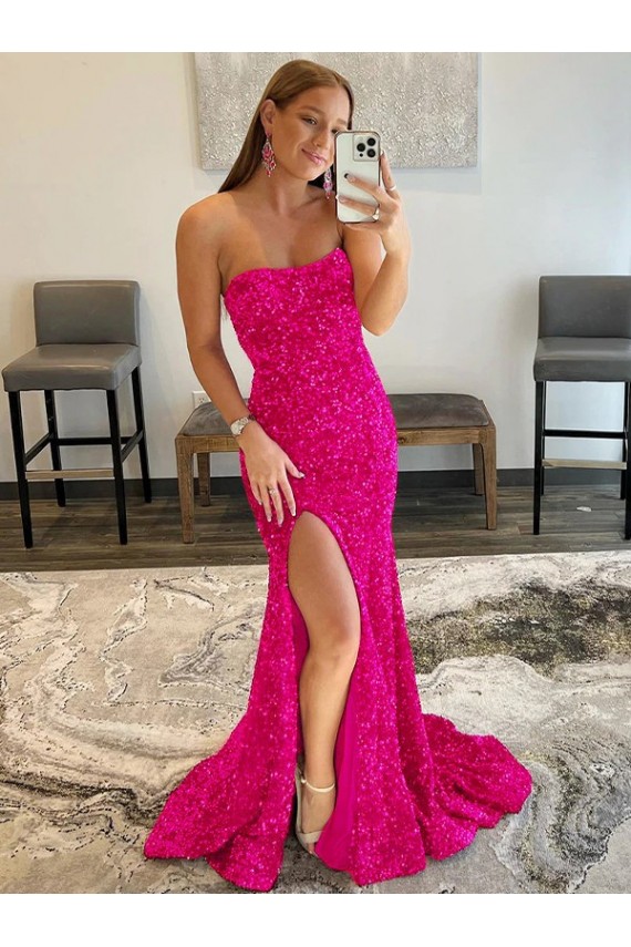 Velvet Sequin Sleeveless Strapless Fuchsia Sheath Prom Dress Armadale