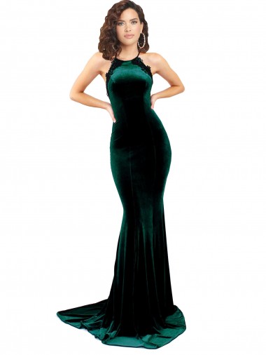 Stretch Velvet Low Back Sweep Train High Neck Mermaid Formal Evening Gown / Prom Dress / Bridesmaid Dress Armadale