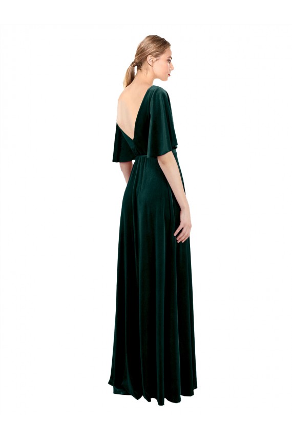 Stretch Velvet V-Back Long V-Neck Dark Green A-Line Prom Dress / Bridesmaid Dress Armadale