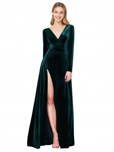 Stretch Velvet Sweep Train V-Neck A-Line Black Tie Evening Gown / Prom Dress / Bridesmaid Dress Armadale