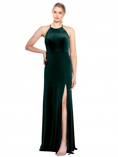 Stretch Velvet Keyhole Back Long Spaghetti Straps Dark Green A-Line Prom Dress / Bridesmaid Dress Armadale