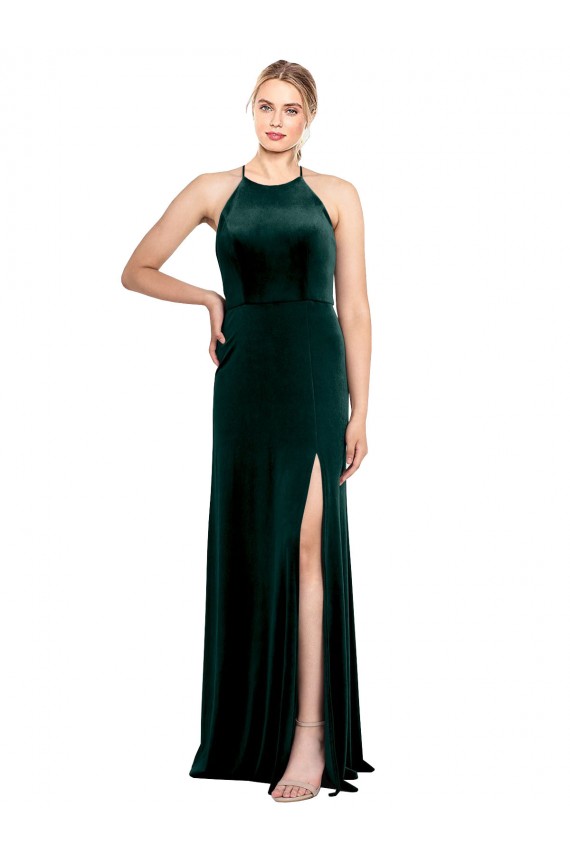 Stretch Velvet Keyhole Back Long Spaghetti Straps Dark Green A-Line Prom Dress / Bridesmaid Dress Armadale