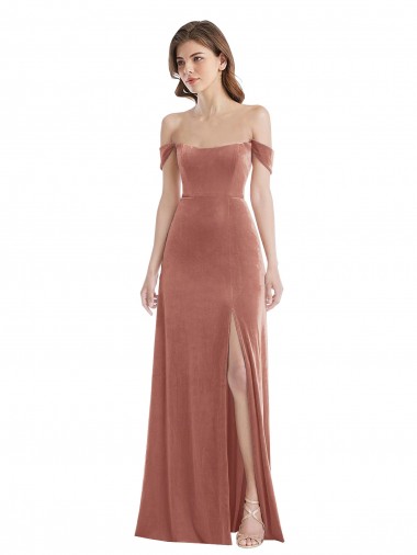 Stretch Velvet Long Off the Shoulder Cinnamon Rose A-Line Semi Formal Evening Dress / Prom Dress / Bridesmaid Dress Armadale