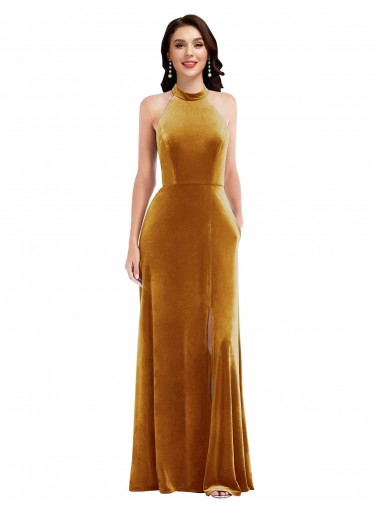 Stretch Velvet Keyhole Back Long Halter Neck Trumpet Semi Formal Evening Dress / Prom Dress / Bridesmaid Dress Armadale