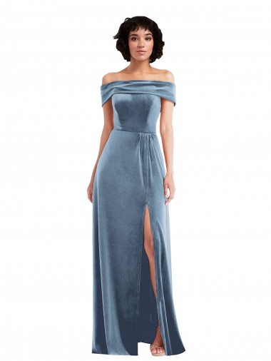 Stretch Velvet Long Off the Shoulder Dusty Blue A-Line Semi Formal Evening Dress / Prom Dress / Bridesmaid Dress Armadale