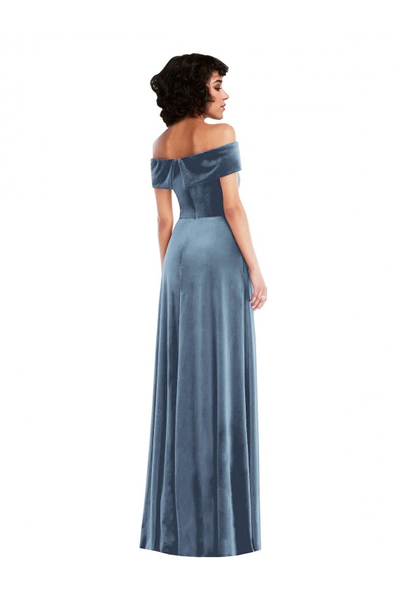 Stretch Velvet Long Off the Shoulder Dusty Blue A-Line Semi Formal Evening Dress / Prom Dress / Bridesmaid Dress Armadale